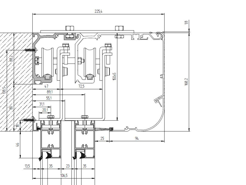 Комплект телескопической раздвижной двери (четыре подвижные и две неподвижные лайтстворки и фрамуга) для привода AD-SP-TELESCOPE 6