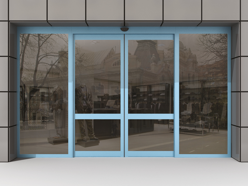 Комплект автоматической раздвижной двери (одна подвижная, одна неподвижная, одна распашная створки и фрамуга сверху) для привода AD-SP 3 Комплект автоматической раздвижной двери (одна подвижная, одна неподвижная, одна распашная створки и фрамуга сверху) для привода AD-SP 3