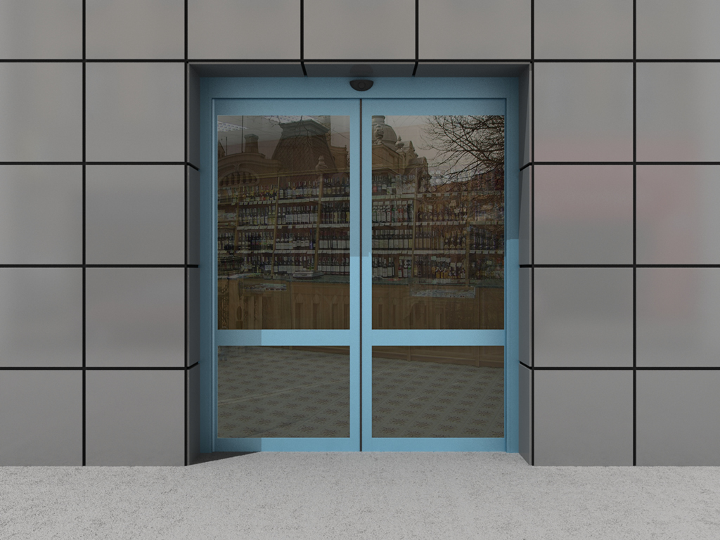 Комплект автоматической раздвижной двери (одна подвижная, одна неподвижная, одна распашная створки и фрамуга сверху) для привода AD-SP 2 Комплект автоматической раздвижной двери (одна подвижная, одна неподвижная, одна распашная створки и фрамуга сверху) для привода AD-SP 2